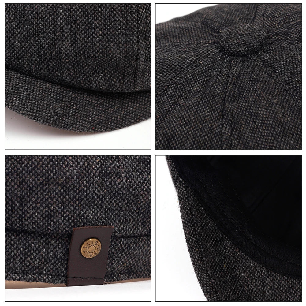 Vintage Herringbone Newsboy Cap – 8-Panel Gatsby Flat Hat (Unisex)