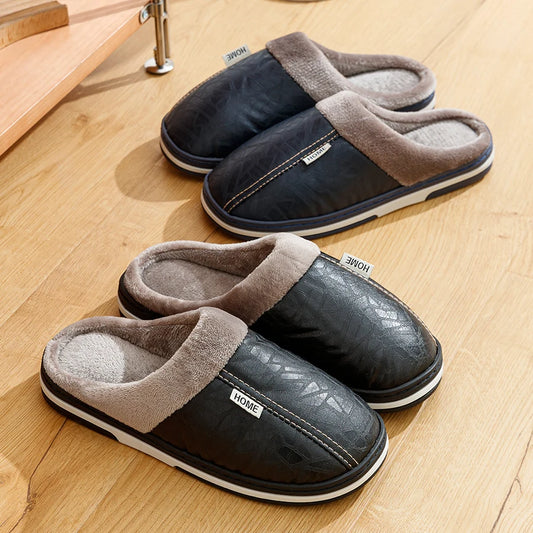 Men’s Winter Indoor Slippers – Waterproof PU Leather Fur-Lined Home Shoes