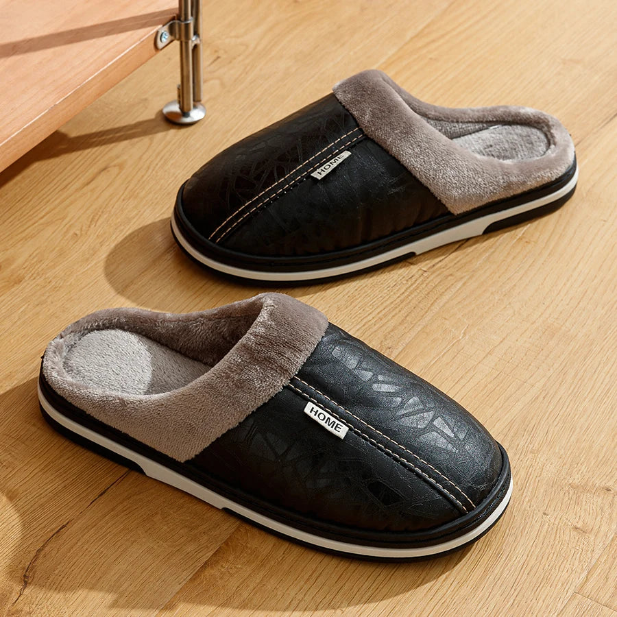 Men’s Winter Indoor Slippers – Waterproof PU Leather Fur-Lined Home Shoes