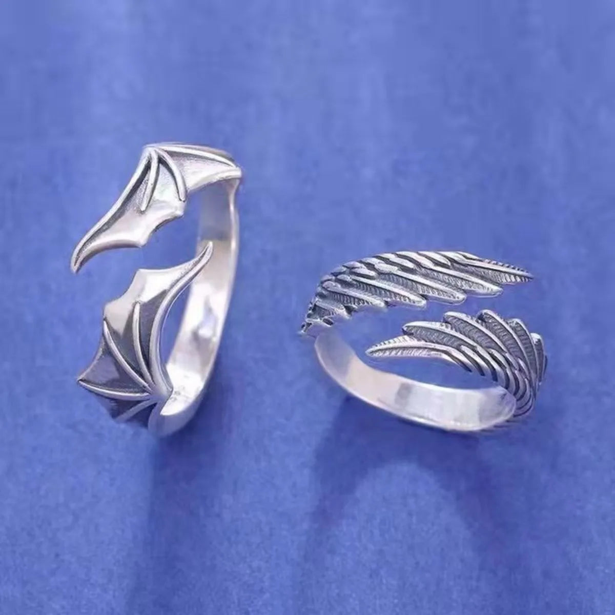 Vintage Angel Wing & Demon Eye Adjustable Ring – Unisex Retro Silver Alloy