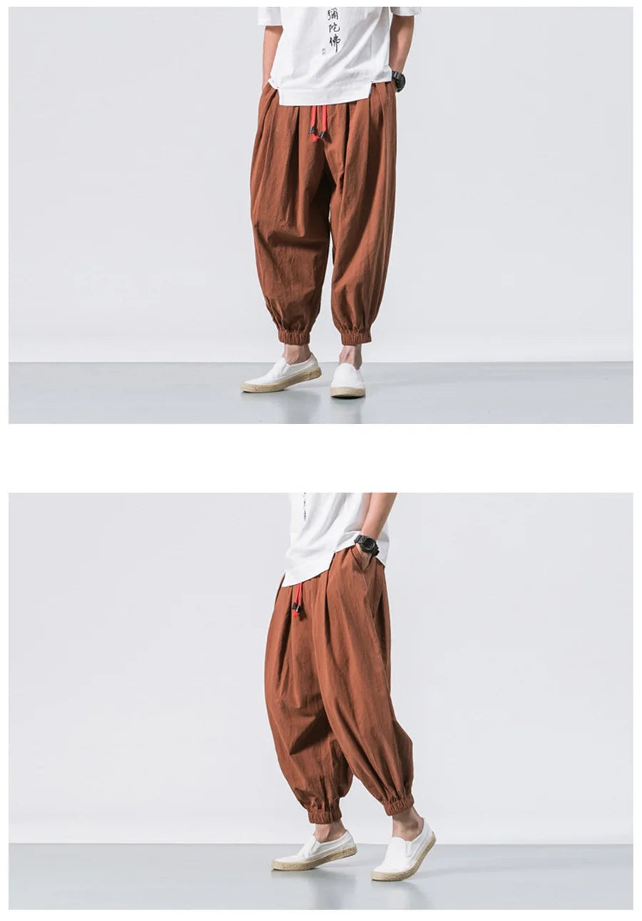 Men’s Oversized Linen-Blend Harem Pants – Loose Fit Casual Trousers