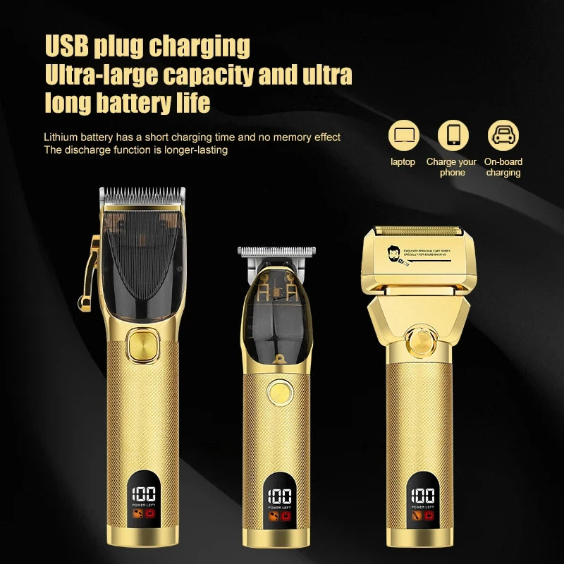 Metal Rechargeable Professional Barber Shop Hair Cutting Set – Clippers, Trimmer & Foil Shaver (Gold/Black, 3 pcs)