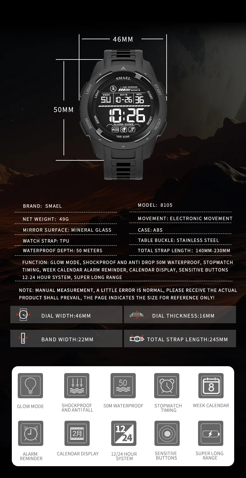SMAEL 8105 Digital Sports Watch — Waterproof 50 m