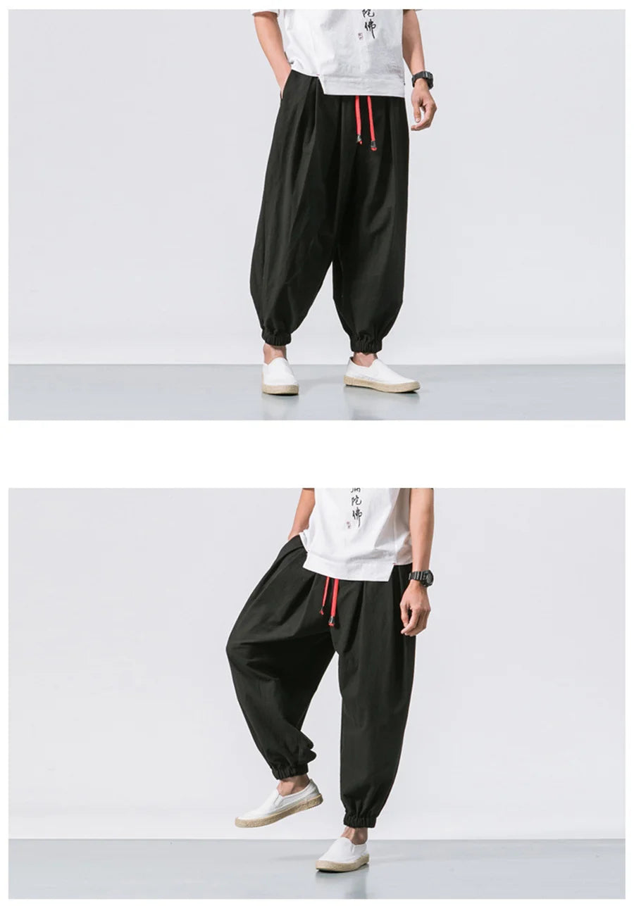 Men’s Oversized Linen-Blend Harem Pants – Loose Fit Casual Trousers