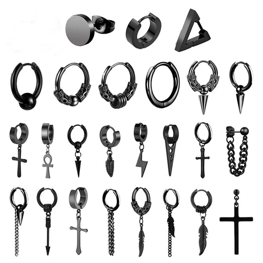 Punk Black Stainless Steel Stud Earrings – Unisex Set