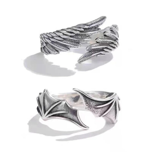 Vintage Angel Wing & Demon Eye Adjustable Ring – Unisex Retro Silver Alloy