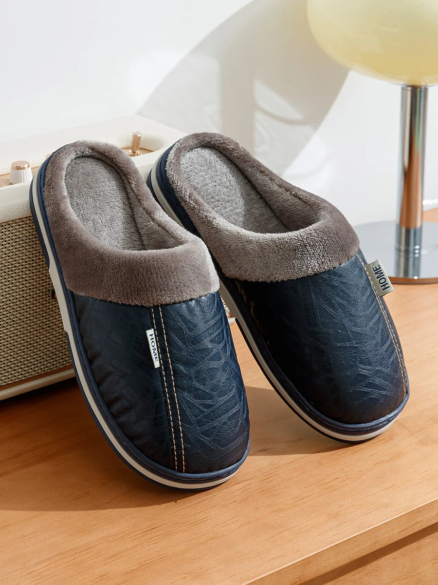 Men’s Winter Indoor Slippers – Waterproof PU Leather Fur-Lined Home Shoes