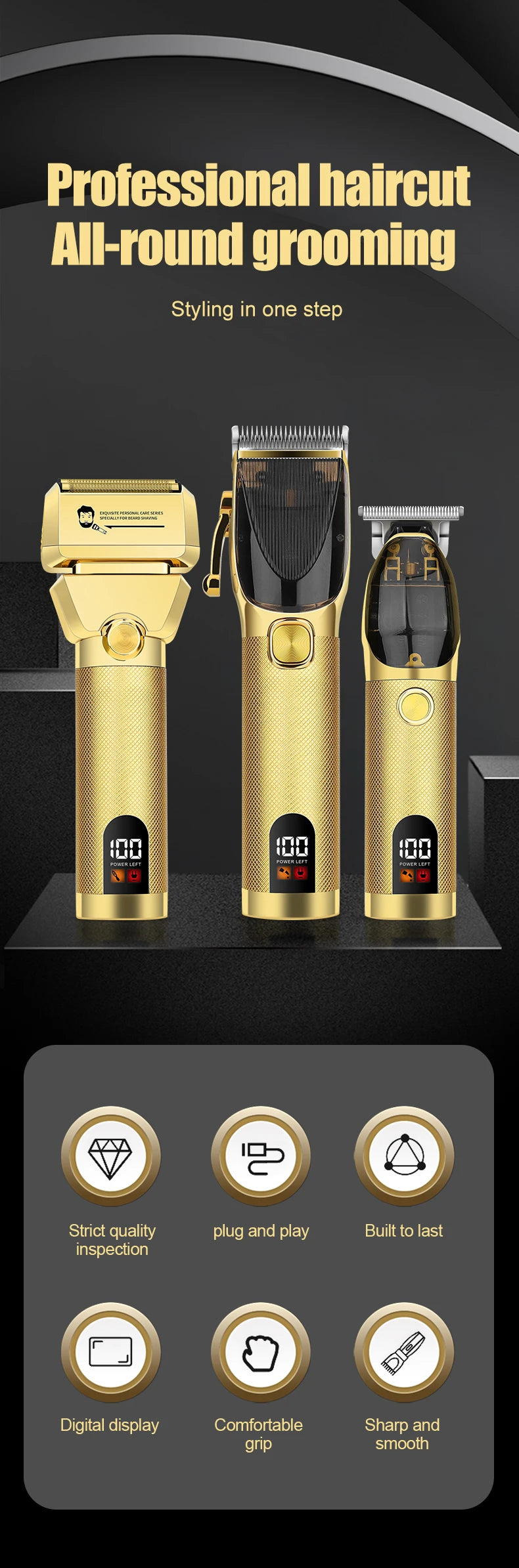 Metal Rechargeable Professional Barber Shop Hair Cutting Set – Clippers, Trimmer & Foil Shaver (Gold/Black, 3 pcs)
