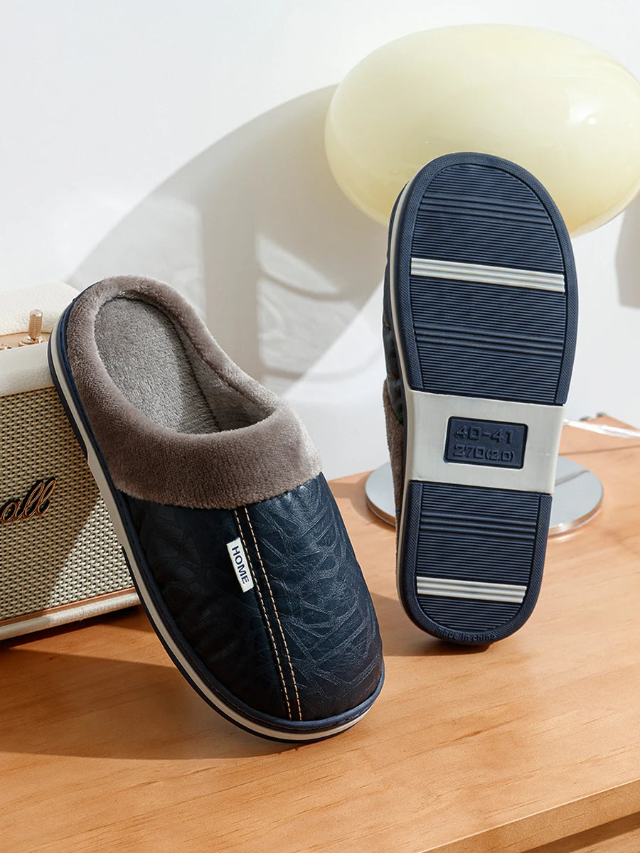 Men’s Winter Indoor Slippers – Waterproof PU Leather Fur-Lined Home Shoes