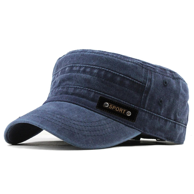 Men’s Cotton Military Cap — Flat Top, Sun-Proof, Washable