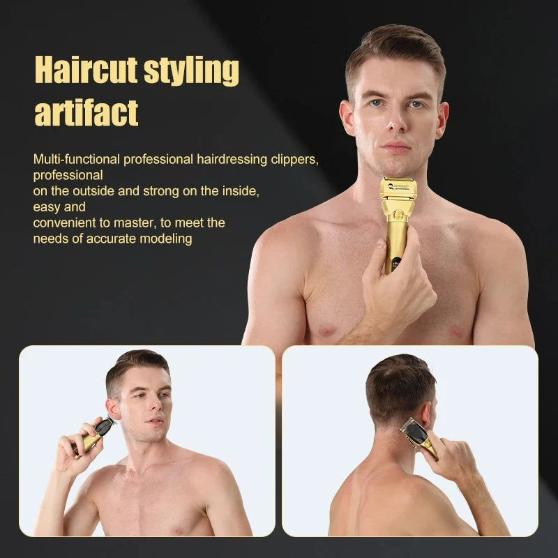 Metal Rechargeable Professional Barber Shop Hair Cutting Set – Clippers, Trimmer & Foil Shaver (Gold/Black, 3 pcs)