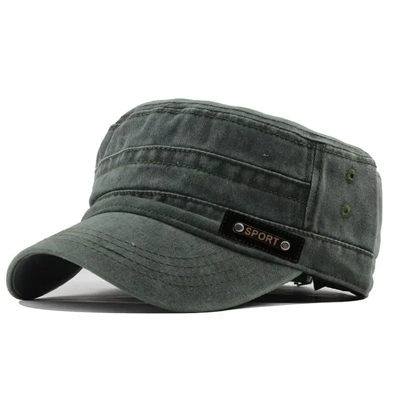 Men’s Cotton Military Cap — Flat Top, Sun-Proof, Washable