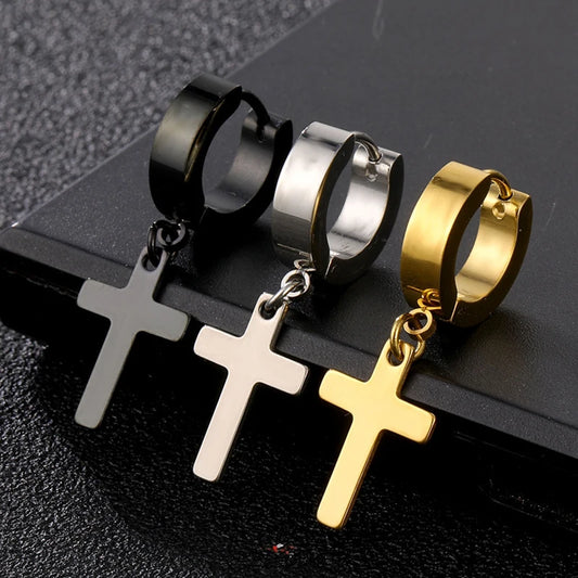 2pcs Stainless Steel Cross Star Dangle Earrings — Unisex Punk Gothic Hoops