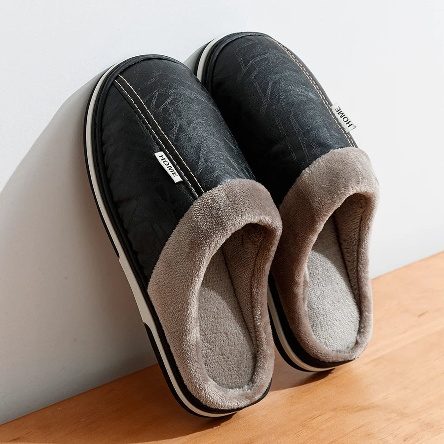 Men’s Winter Indoor Slippers – Waterproof PU Leather Fur-Lined Home Shoes