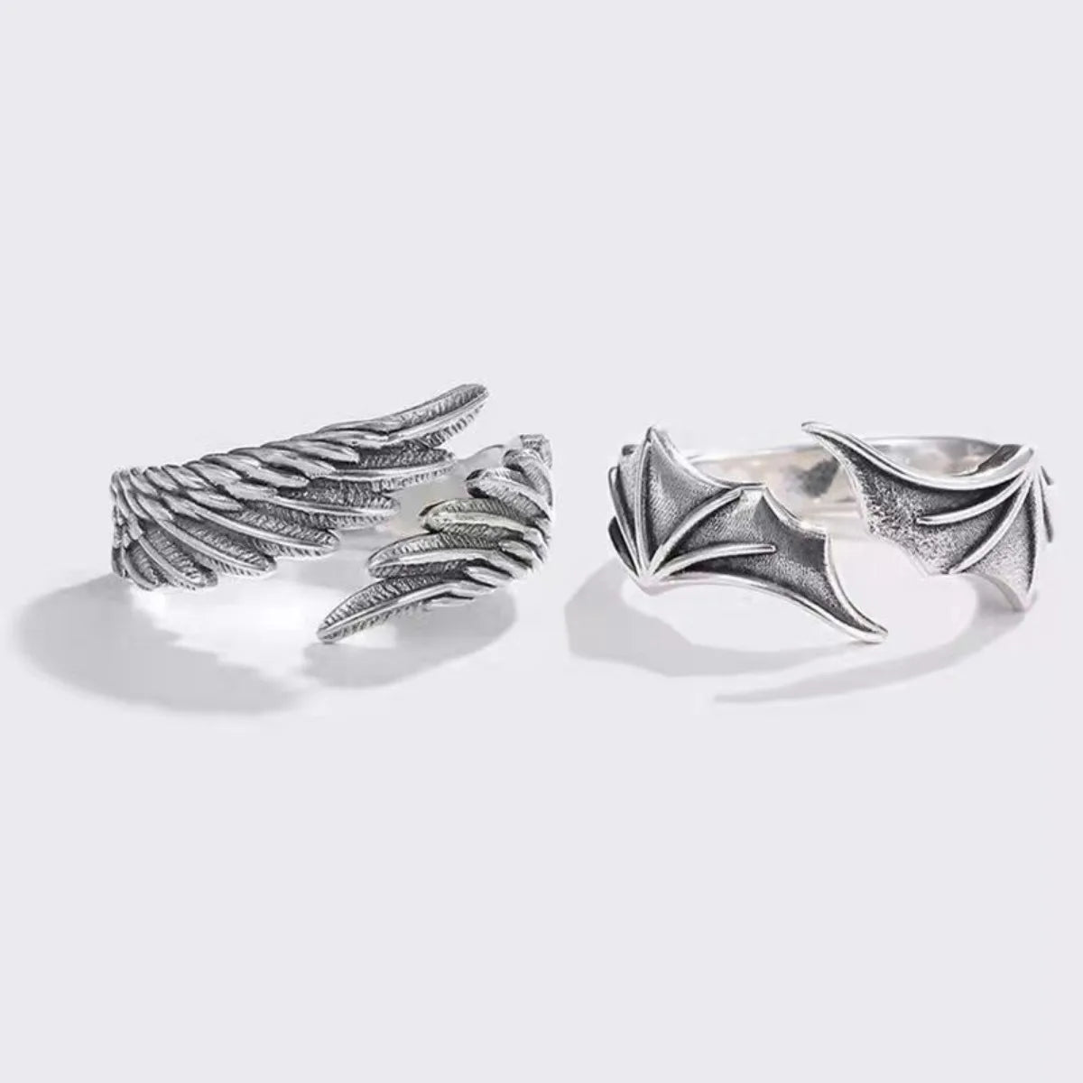 Vintage Angel Wing & Demon Eye Adjustable Ring – Unisex Retro Silver Alloy