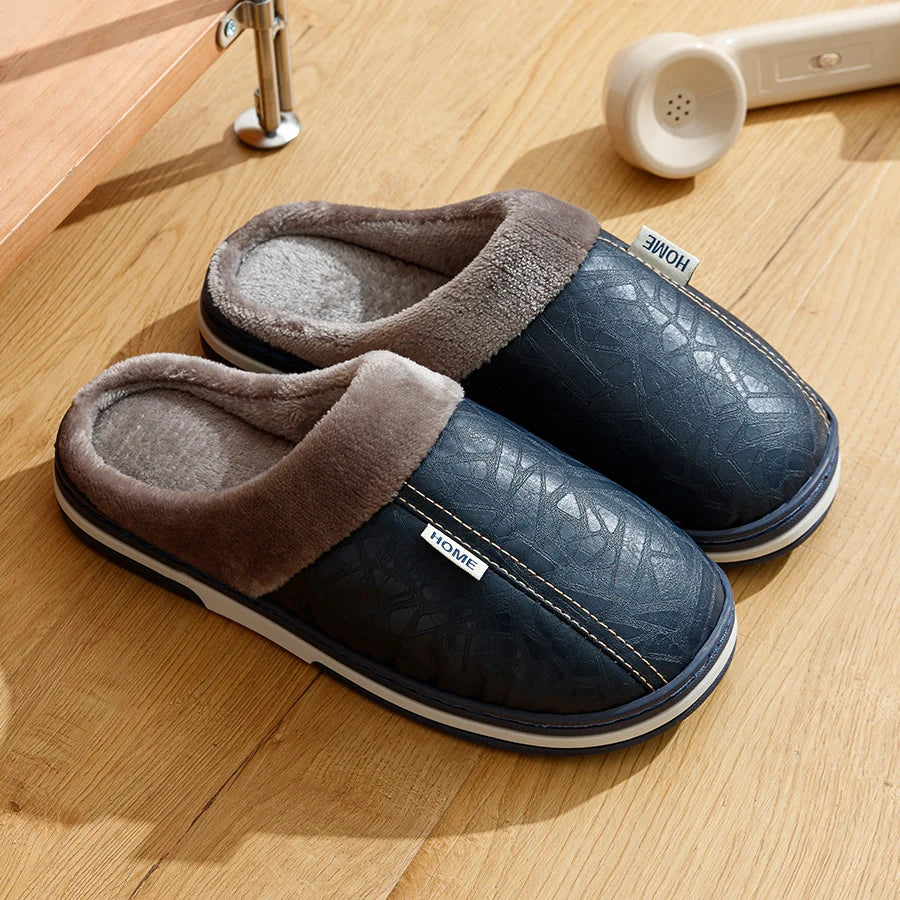 Men’s Winter Indoor Slippers – Waterproof PU Leather Fur-Lined Home Shoes