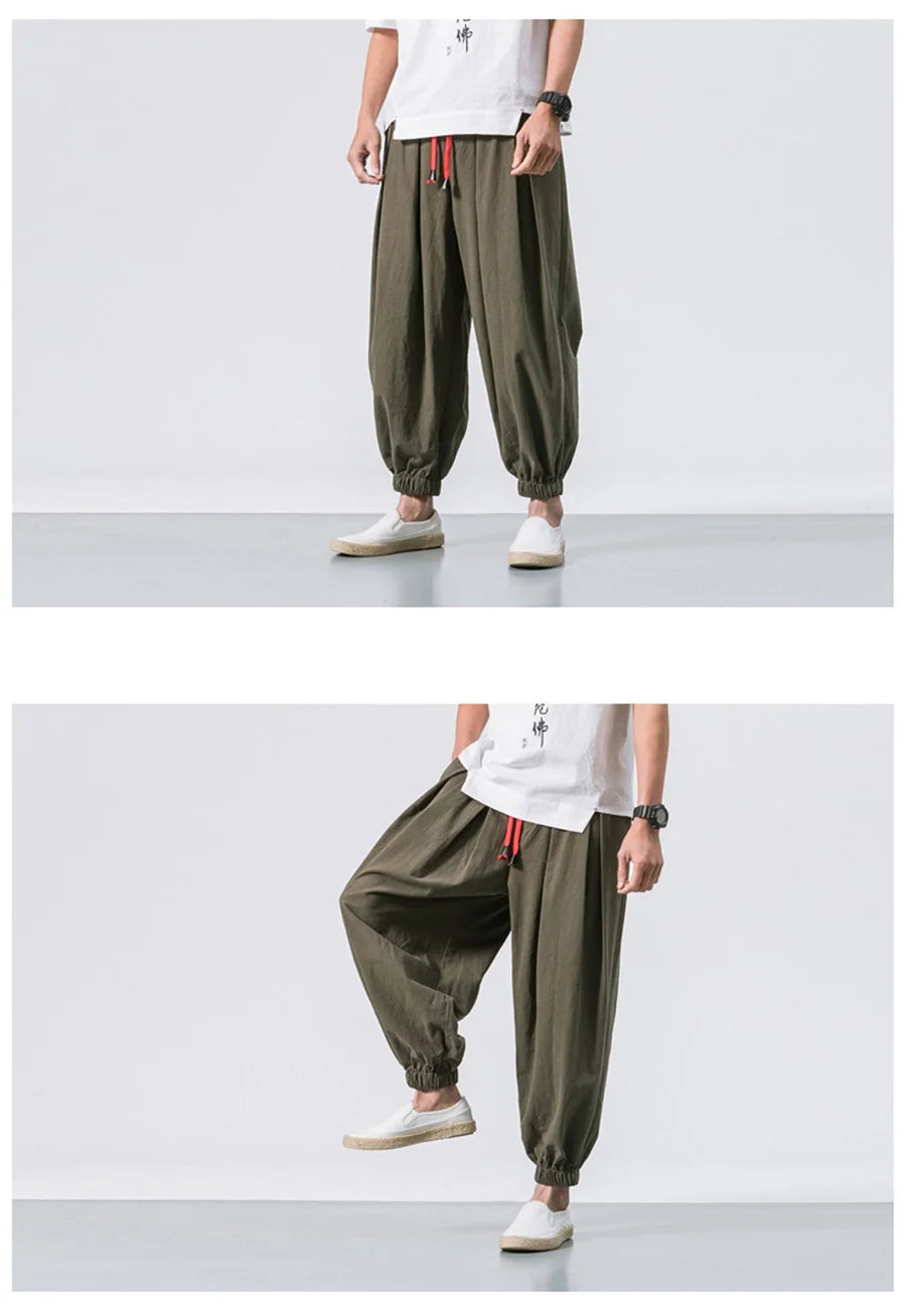 Men’s Oversized Linen-Blend Harem Pants – Loose Fit Casual Trousers