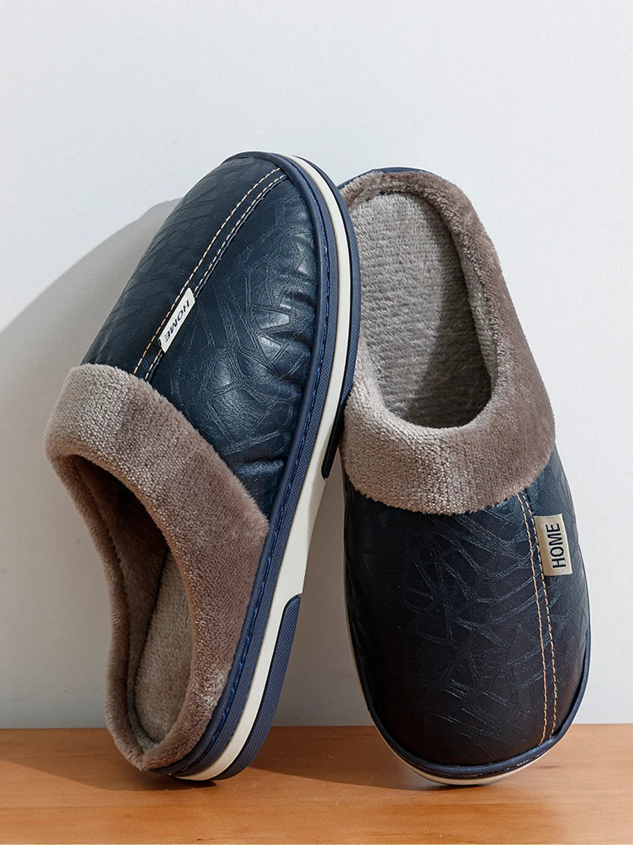 Men’s Winter Indoor Slippers – Waterproof PU Leather Fur-Lined Home Shoes