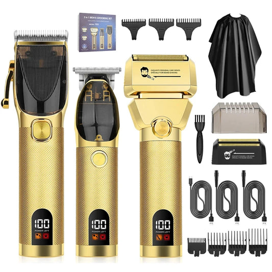 Metal Rechargeable Professional Barber Shop Hair Cutting Set – Clippers, Trimmer & Foil Shaver (Gold/Black, 3 pcs)