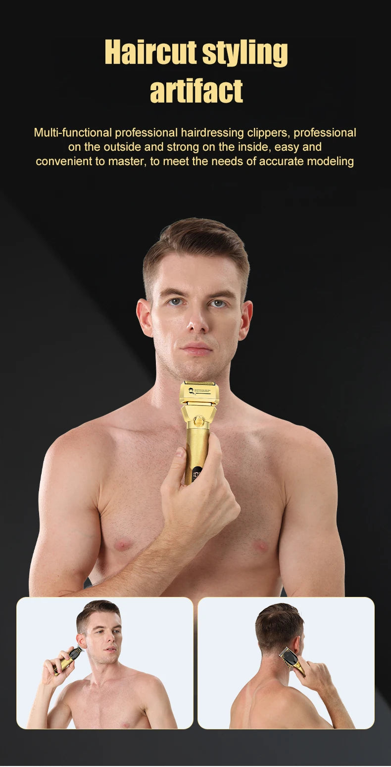 Metal Rechargeable Professional Barber Shop Hair Cutting Set – Clippers, Trimmer & Foil Shaver (Gold/Black, 3 pcs)