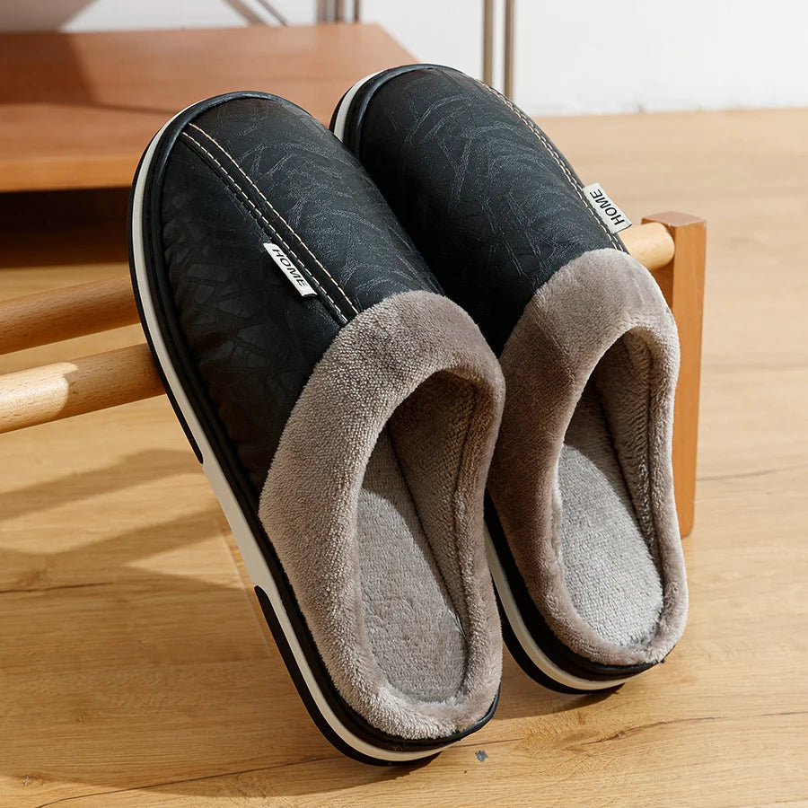 Men’s Winter Indoor Slippers – Waterproof PU Leather Fur-Lined Home Shoes