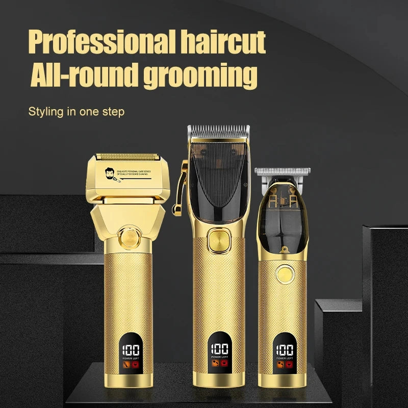 Metal Rechargeable Professional Barber Shop Hair Cutting Set – Clippers, Trimmer & Foil Shaver (Gold/Black, 3 pcs)