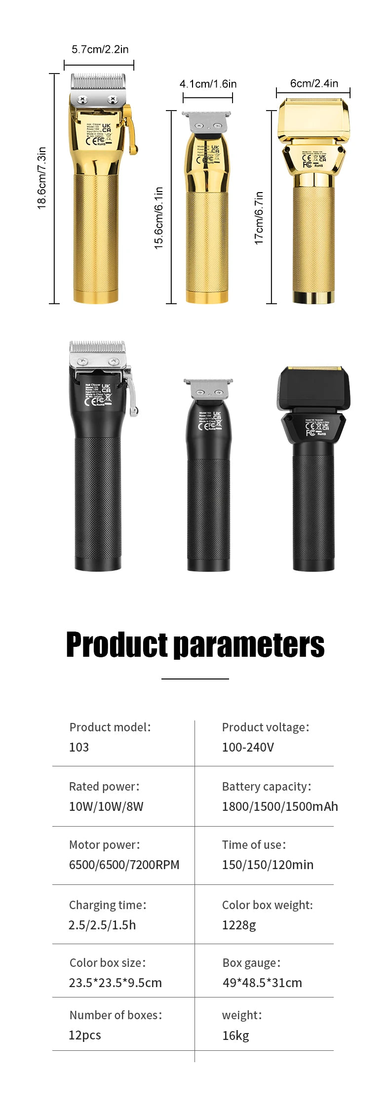 Metal Rechargeable Professional Barber Shop Hair Cutting Set – Clippers, Trimmer & Foil Shaver (Gold/Black, 3 pcs)