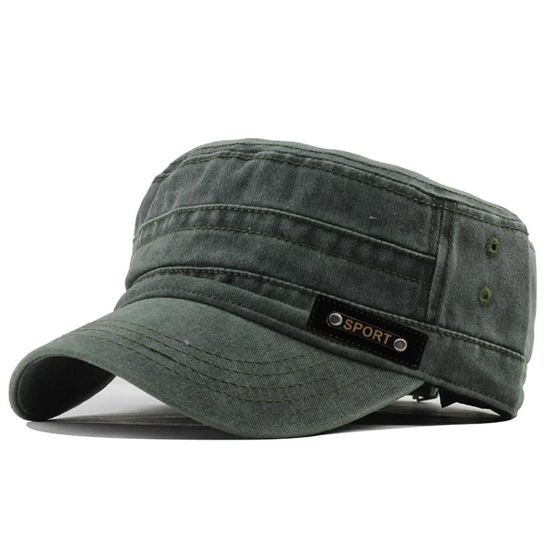 Men’s Cotton Military Cap — Flat Top, Sun-Proof, Washable