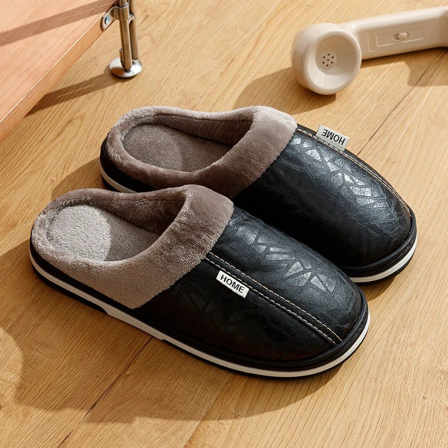 Men’s Winter Indoor Slippers – Waterproof PU Leather Fur-Lined Home Shoes