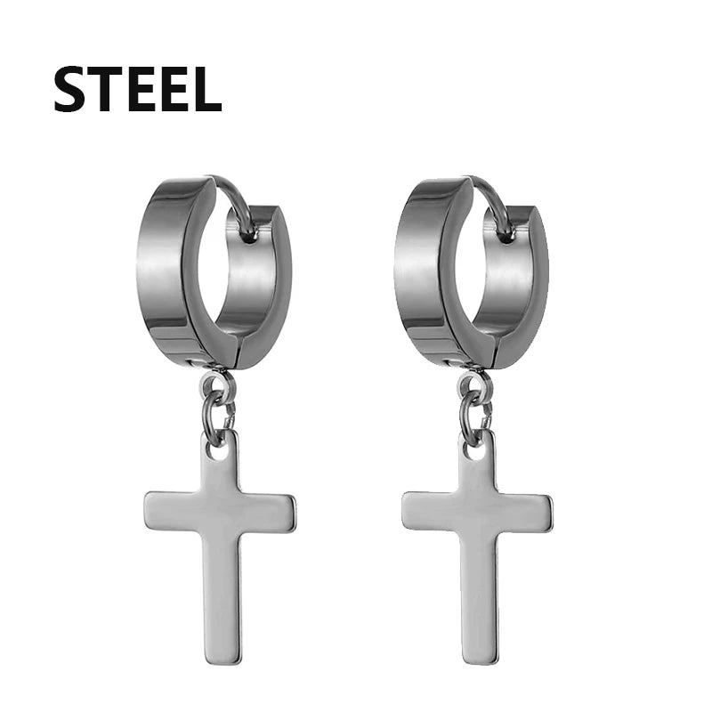 2pcs Stainless Steel Cross Star Dangle Earrings — Unisex Punk Gothic Hoops