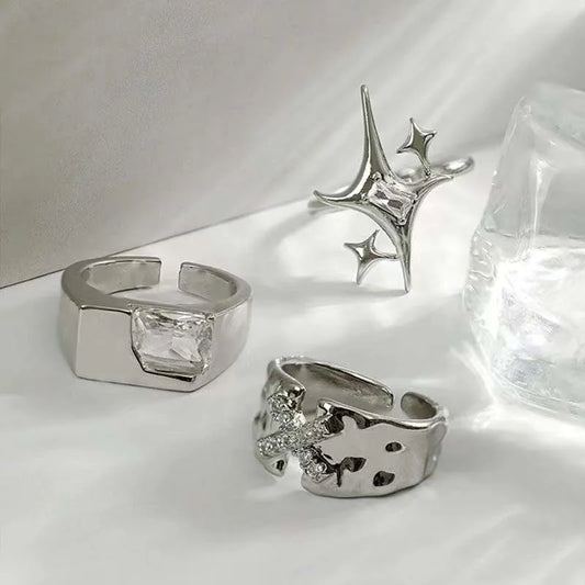 Vintage Irregular Cross Star Couple Ring — Adjustable Silver Color