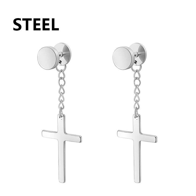 2pcs Stainless Steel Cross Star Dangle Earrings — Unisex Punk Gothic Hoops