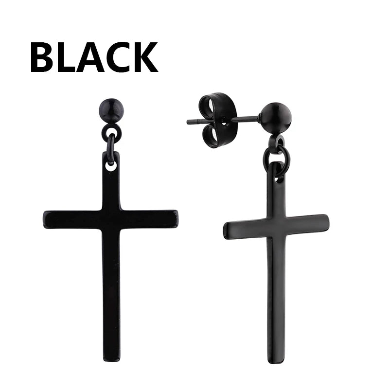 2pcs Stainless Steel Cross Star Dangle Earrings — Unisex Punk Gothic Hoops