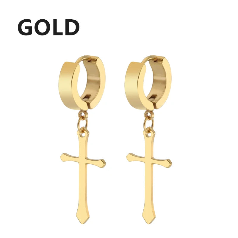 2pcs Stainless Steel Cross Star Dangle Earrings — Unisex Punk Gothic Hoops