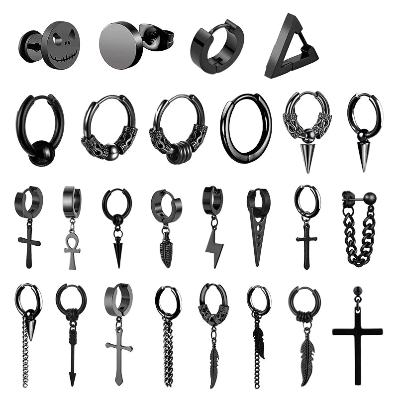 Punk Black Stainless Steel Stud Earrings – Unisex Set
