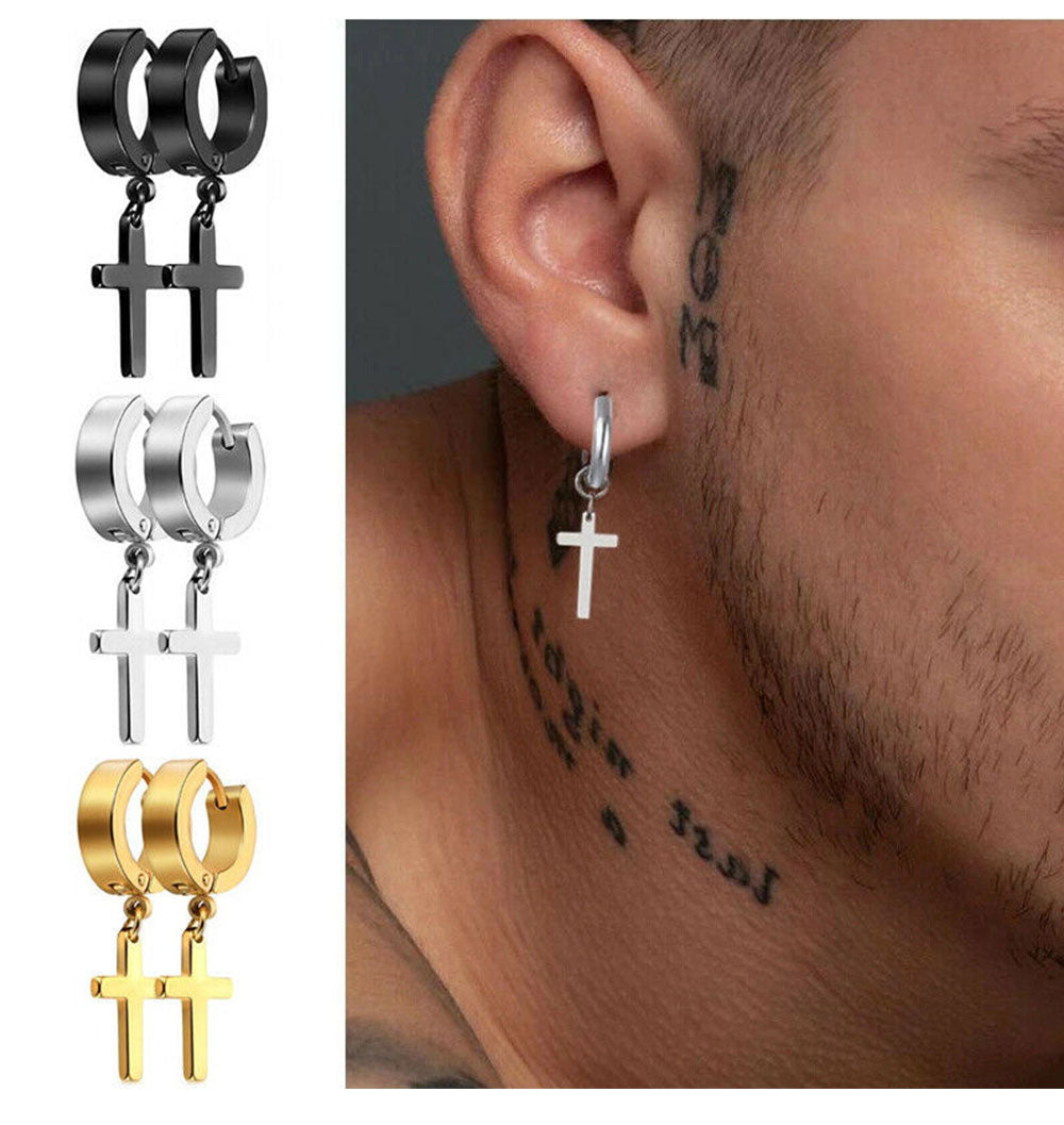 2pcs Stainless Steel Cross Star Dangle Earrings — Unisex Punk Gothic Hoops