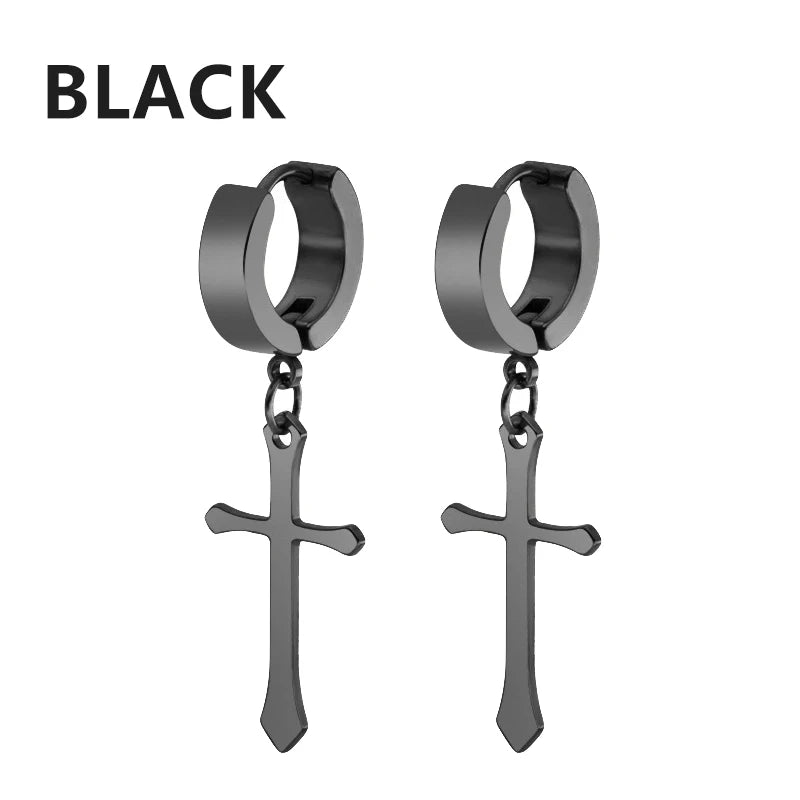 2pcs Stainless Steel Cross Star Dangle Earrings — Unisex Punk Gothic Hoops