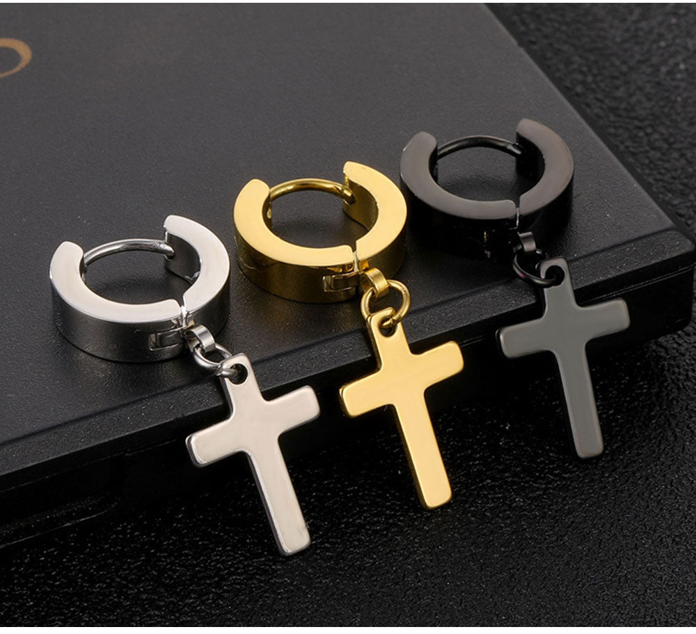 2pcs Stainless Steel Cross Star Dangle Earrings — Unisex Punk Gothic Hoops