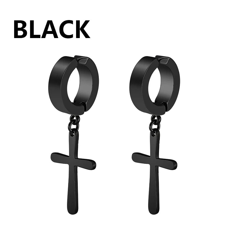 2pcs Stainless Steel Cross Star Dangle Earrings — Unisex Punk Gothic Hoops