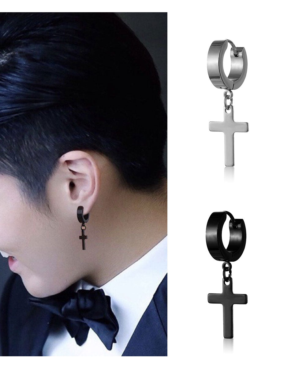 2pcs Stainless Steel Cross Star Dangle Earrings — Unisex Punk Gothic Hoops