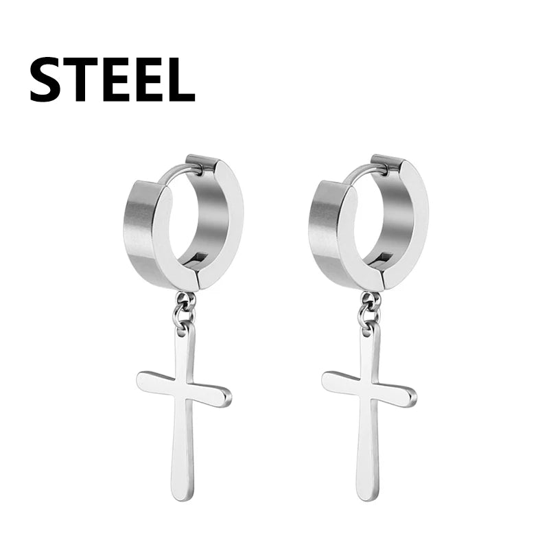 2pcs Stainless Steel Cross Star Dangle Earrings — Unisex Punk Gothic Hoops