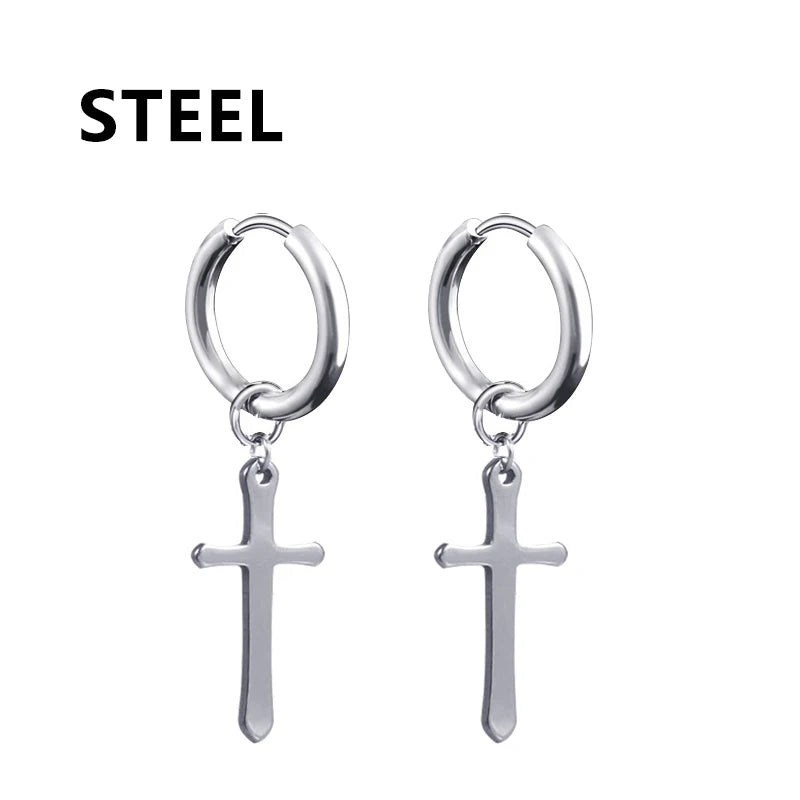 2pcs Stainless Steel Cross Star Dangle Earrings — Unisex Punk Gothic Hoops