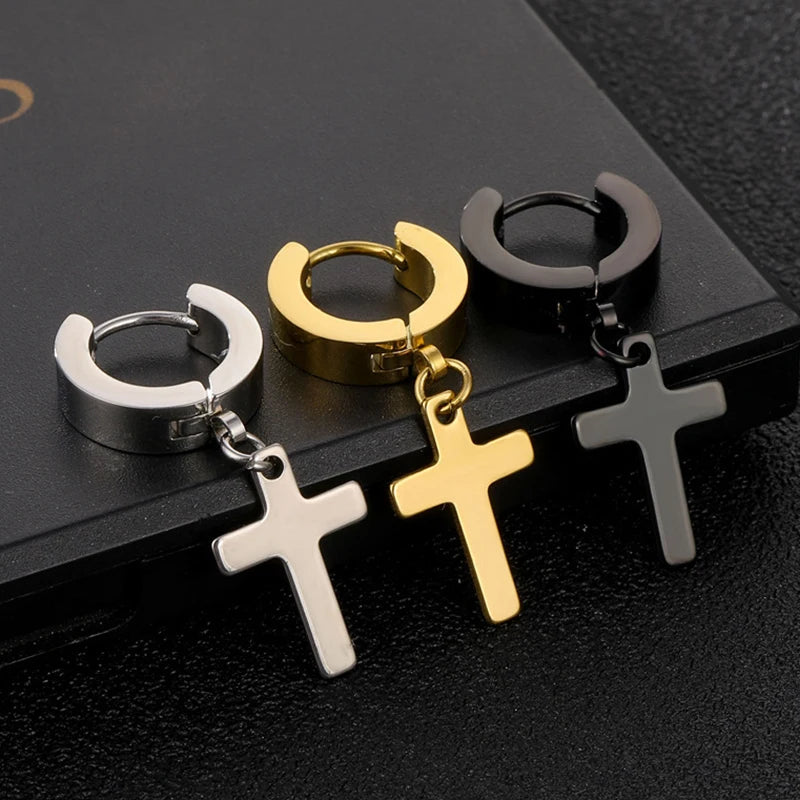 2pcs Stainless Steel Cross Star Dangle Earrings — Unisex Punk Gothic Hoops