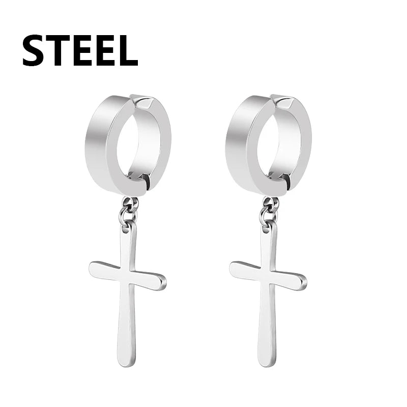 2pcs Stainless Steel Cross Star Dangle Earrings — Unisex Punk Gothic Hoops