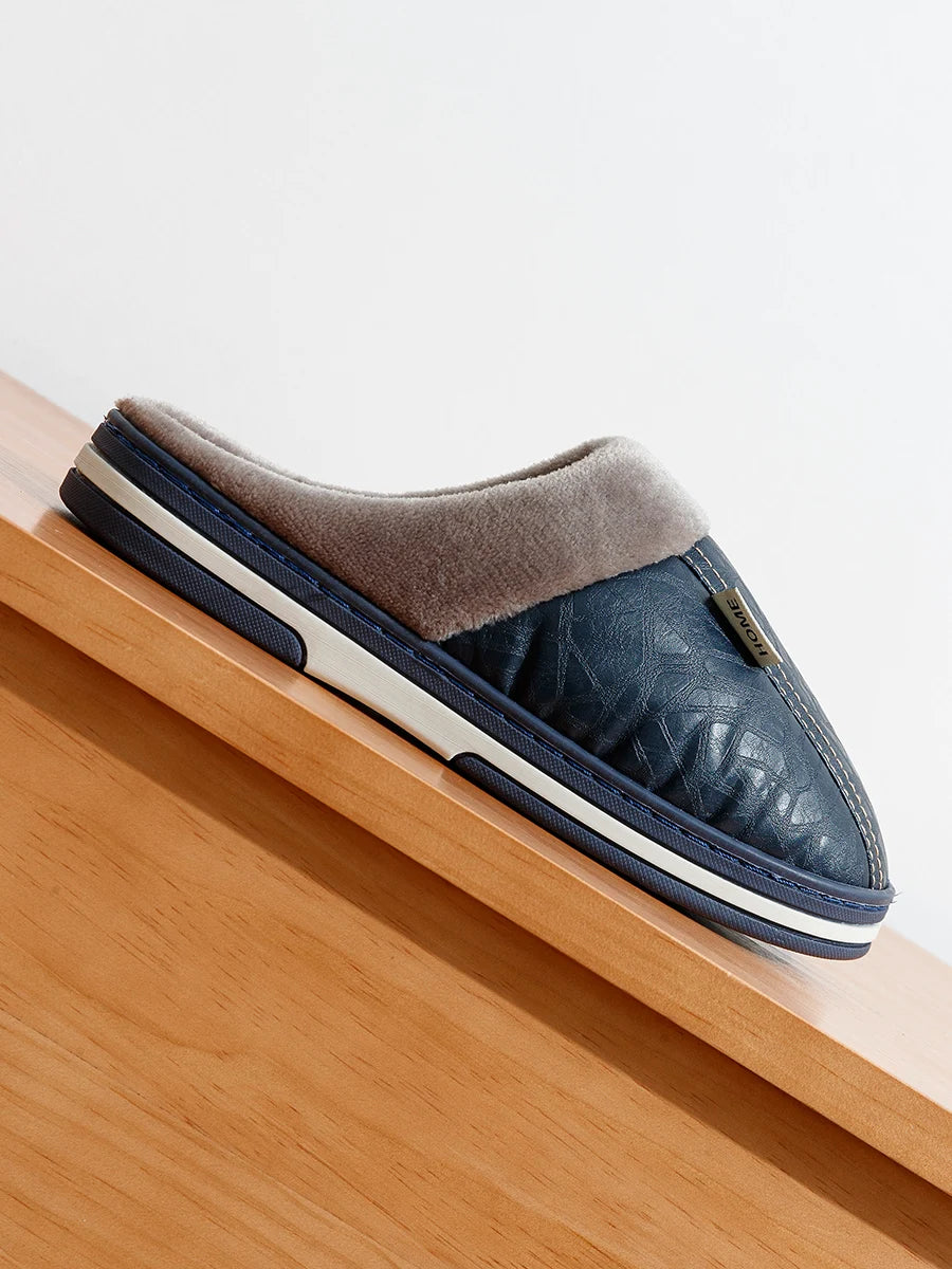 Men’s Winter Indoor Slippers – Waterproof PU Leather Fur-Lined Home Shoes