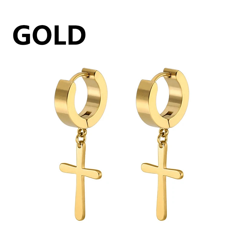 2pcs Stainless Steel Cross Star Dangle Earrings — Unisex Punk Gothic Hoops