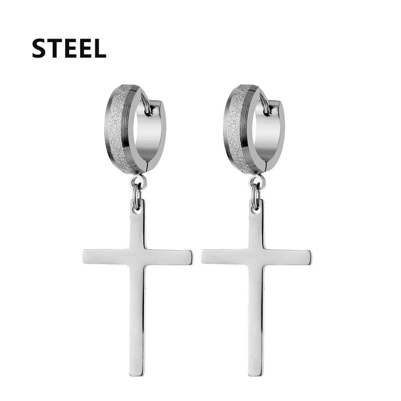 2pcs Stainless Steel Cross Star Dangle Earrings — Unisex Punk Gothic Hoops