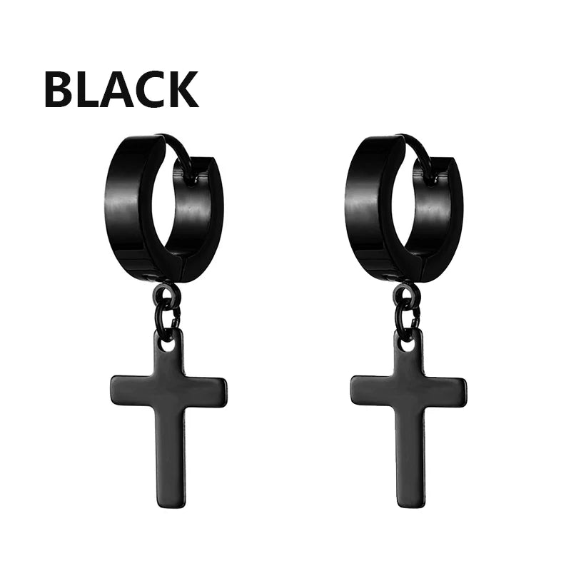 2pcs Stainless Steel Cross Star Dangle Earrings — Unisex Punk Gothic Hoops
