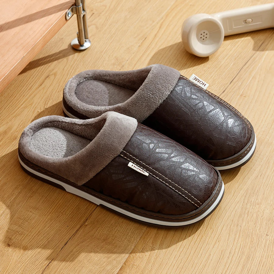 Men’s Winter Indoor Slippers – Waterproof PU Leather Fur-Lined Home Shoes
