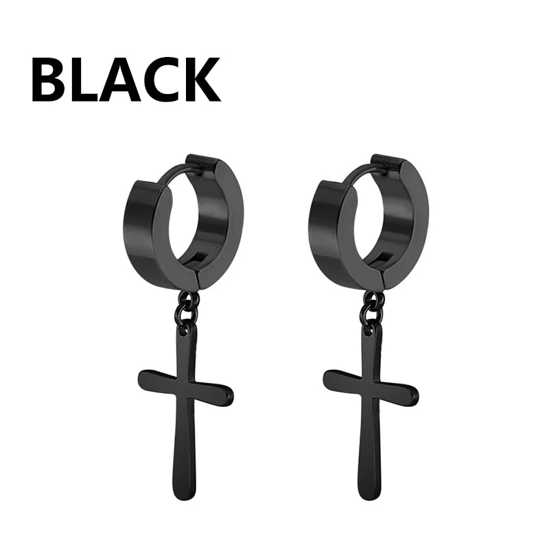2pcs Stainless Steel Cross Star Dangle Earrings — Unisex Punk Gothic Hoops